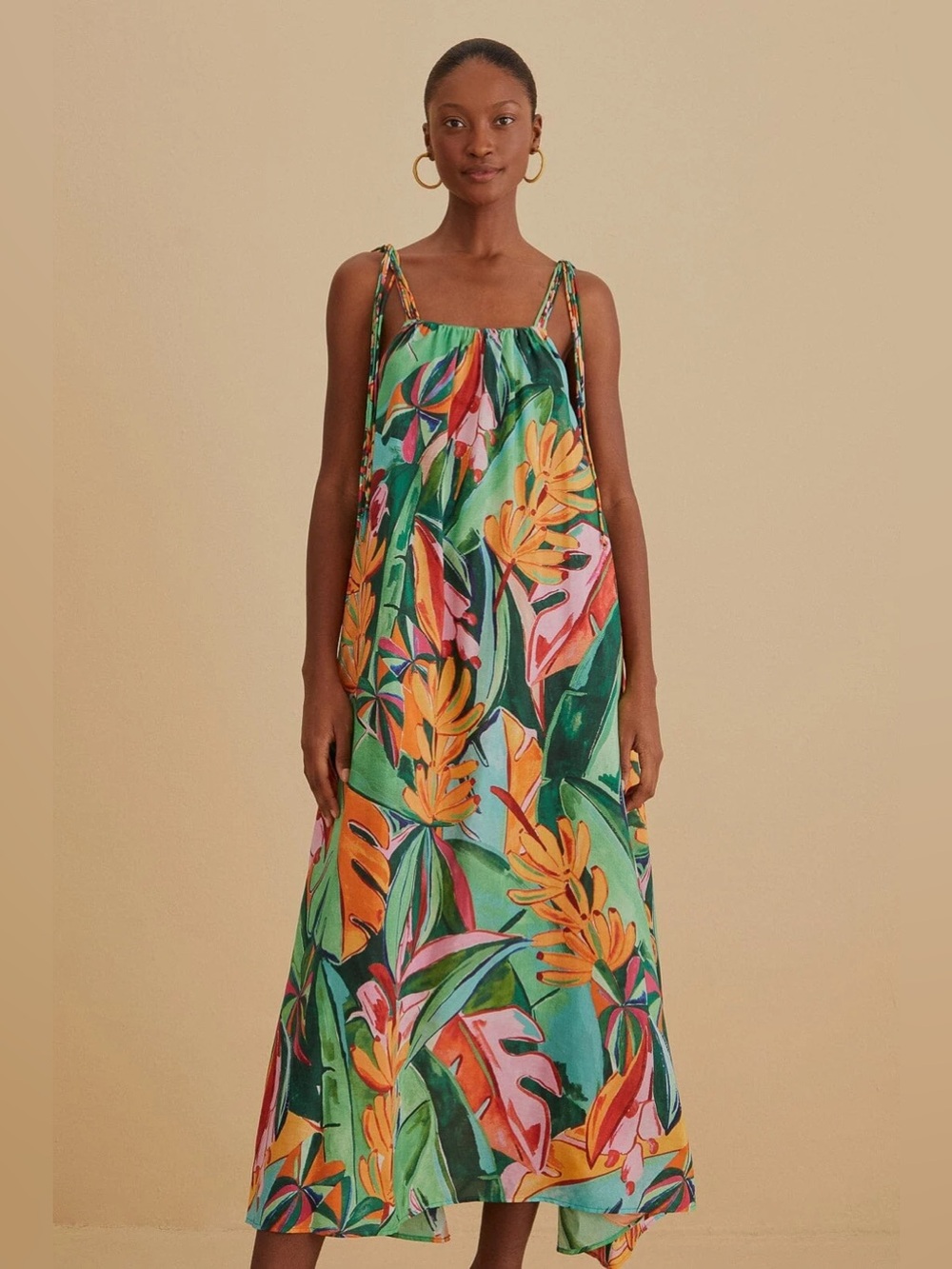 FARM Rio Green Tropical Floral Tie-Shoulder Midi Dress with Yellow & Pink